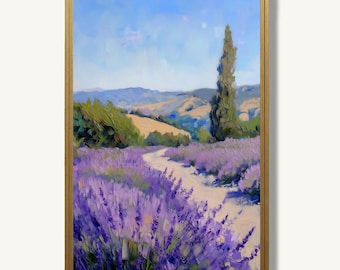 Provence Landscape Wall Art Print French Countryside Oil Painting Style Lavender Field Poster Rustic Artwork Farmhouse Decor