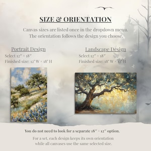 The image is a size and orientation guide for canvas paintings, providing information on the different canvas sizes available and their corresponding orientations.