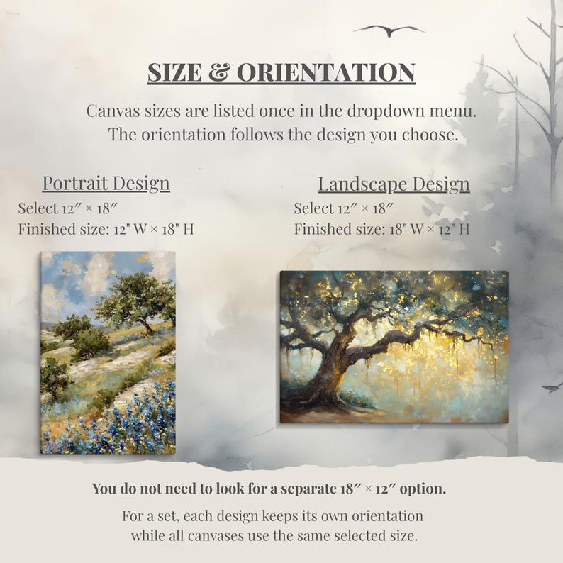 The image is a size and orientation guide for canvas paintings, providing information on the different canvas sizes available and their corresponding orientations.