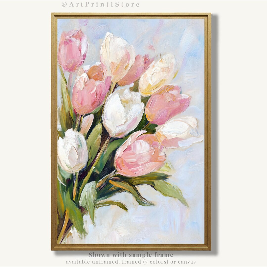 Tulip Art Print Floral Oil Painting Spring Botanical Poster Pink Pastel ...