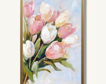 Tulip Art Print Floral Oil Painting Spring Botanical Poster Pink Pastel Artwork Farmhouse Wall Decor