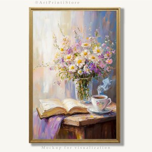 Impresión de arte floral, pintura de naturaleza muerta, libro y taza de café, obra de arte al óleo, jarrón de flores, póster, decoración de pared de cocina vintage