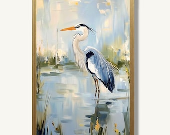 Blue Heron Art Print Wildlife Marsh Oil Painting Bird Wetlands Poster Nature Artwork Coastal Wall Decor