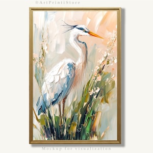 Blue Heron Art Print Bird Painting Marsh Wildlife Artwork Abstract Oil Poster Pastel Tones Wall Decor