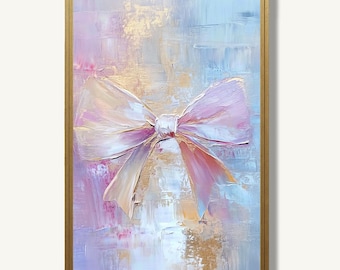Pink Bow Wall Art Print Pastel Oil Painting Style Nursery Artwork for Modern Decor