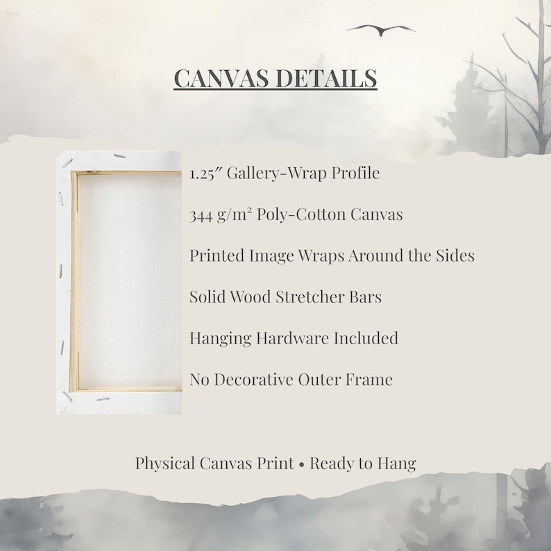 1.25 Gallery- Wrap Profile, 34g m² Poly-Cotton Canvas, Printed Image Wraps Around the Sides, Solid Wood Stretcher Bars, Hanging Hardware Included, No Decorative Outer Frame, Physical Canvas Print, Ready to Hang