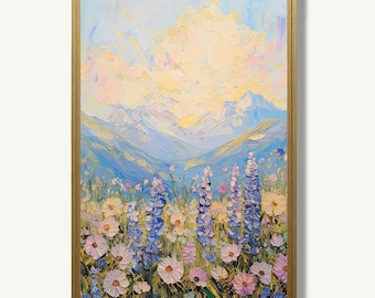 Rocky Mountain Landscape Oil Painting Print on Paper Pastel Wildflower Meadow Artwork Nature Wall Art Decor