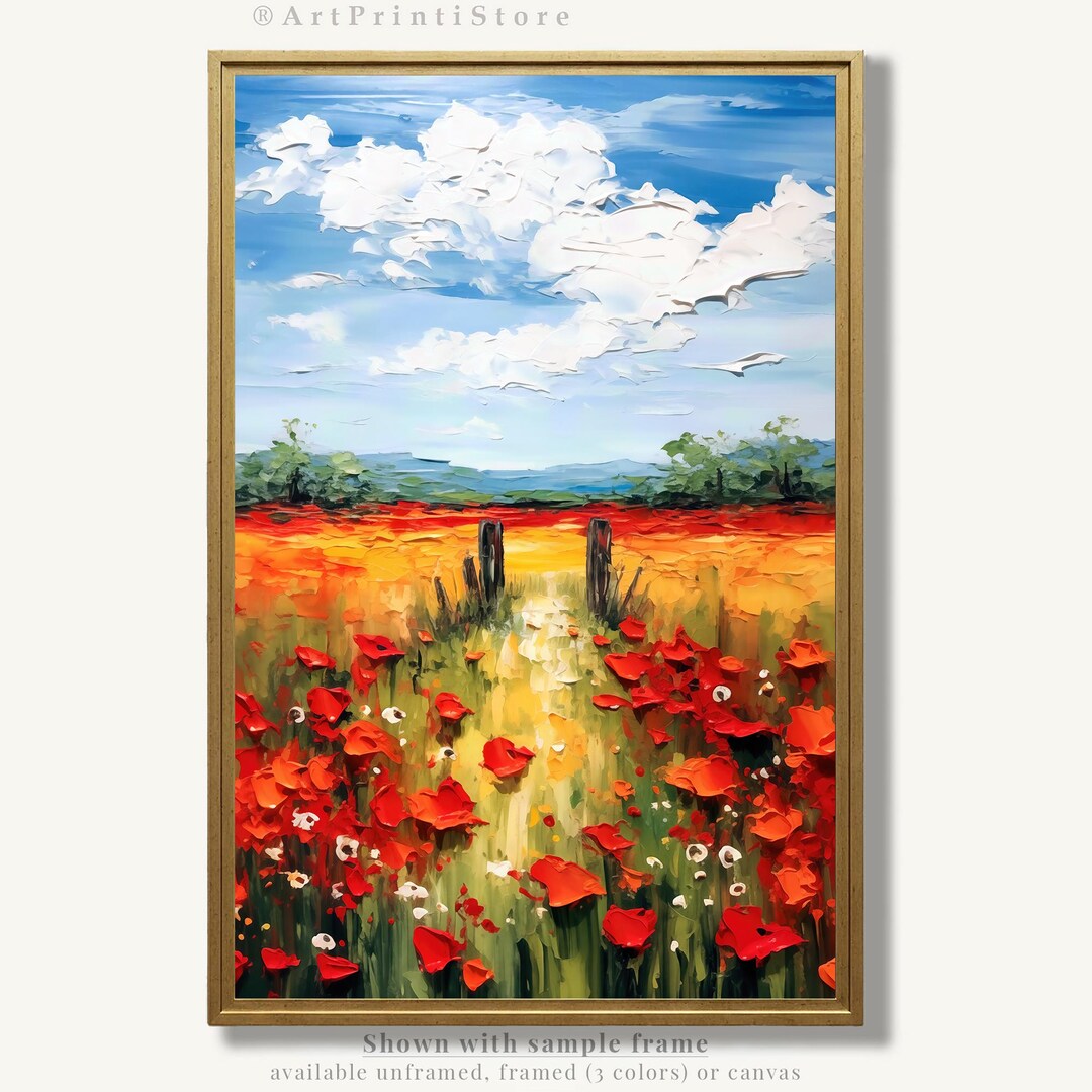 Poppy Field Wall Art Print Floral Oil Painting Style Meadow Landscape ...