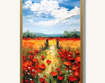 Poppy Field Wall Art Print Floral Oil Painting Style Meadow Landscape Poster Nature Artwork for Farmhouse Decor
