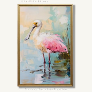 Roseate Spoonbill Oil Print Bird Wall Art Colorful Wildlife Artwork Coastal Wetland Painting Botanical Wall Decor