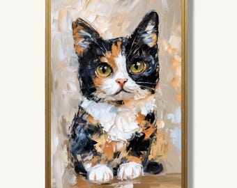 Calico Cat Print Abstract Oil Painting Style Pet Portrait Wall Art Modern Farmhouse Decor
