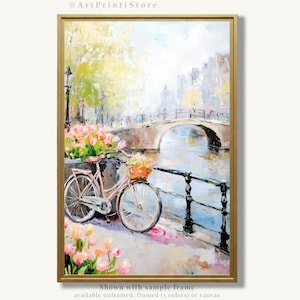Amsterdam Canal Art Print Cityscape Wall Art Dutch Bicycle Oil Painting Netherlands Landscape Artwork Pastel Tone Wall Decor