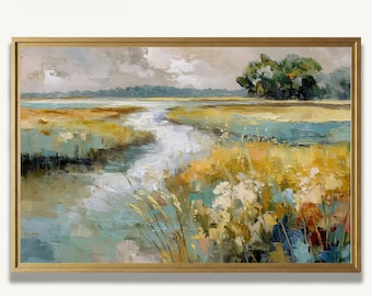 Salt Marsh Landscape Oil Painting Print on Paper Open Wetland Artwork Southern Wall Art Decor