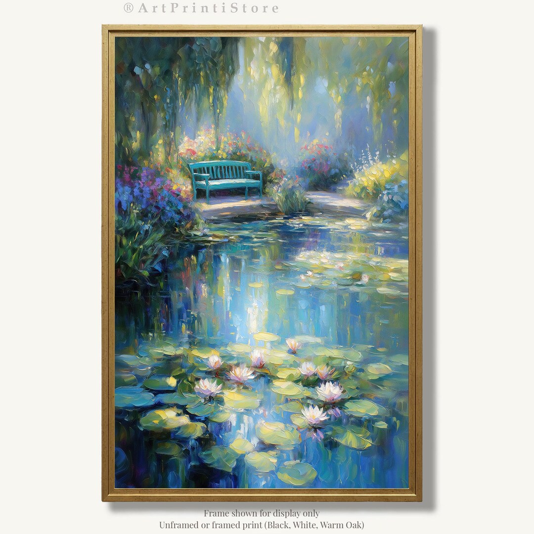 Water Lily Pond Wall Art Print Floral Oil Painting Style Nature Artwork ...