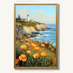 Portland Lighthouse Art Print Coastal Landscape Painting Seascape Flower Artwork Oil Coast Poster Nature-Inspired Wall Decor