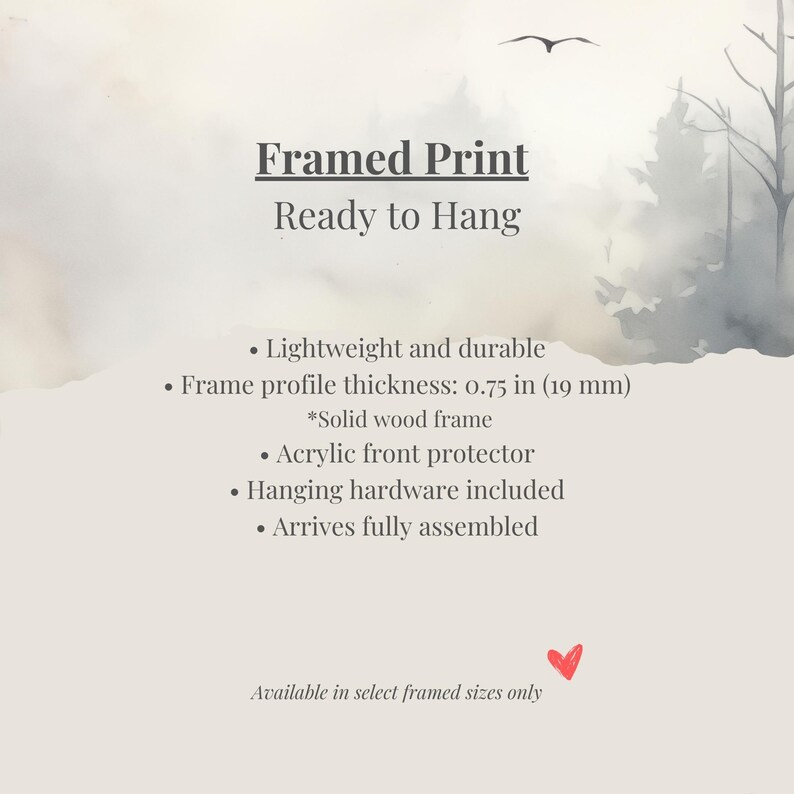 The image is a framed print advertisement for a product. It features a forest landscape with a bird flying overhead and a list of features and specifications for the product. The text is written in a clear and concise manner, avoiding redundancy and focusing on the key information about the product.