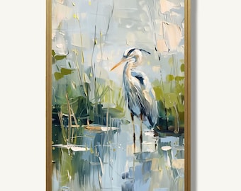 Blue Heron Art Print Great Bird Oil Painting Wetland Marsh Water Poster Nature Artwork Coastal Wall Decor