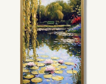 Water Lily Pond Oil Painting Print on Paper Weeping Willow Garden Artwork Farmhouse Wall Art Decor