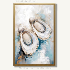 Oyster Shell Art Print Coastal Oil Painting Neutral Beach Artwork Nautical Blue White Poster Ocean-Theme Wall Decor