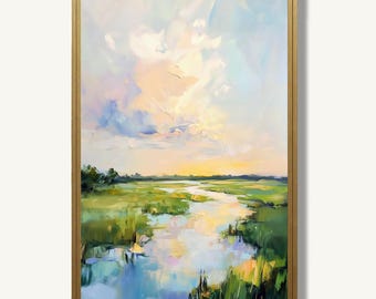 Marsh Painting Coastal Print Wetland Art Oil Painting Style Farmhouse Wall Decor
