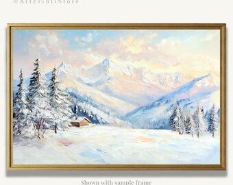 May include: A framed landscape oil painting of a snow-covered mountain range. The artwork features a small cabin, snow-laden evergreen trees, and a soft, pastel sky. The text "ArtPrintiStore" is in the upper left corner. The text "Shown with sample frame available unframed, framed (3 colors) or canvas" is at the bottom.