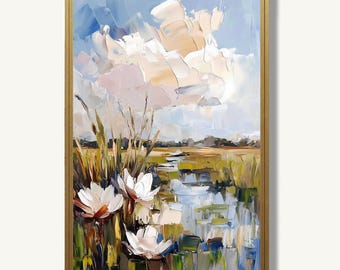 Louisiana Marsh Landscape Oil Painting Print on Paper Water Lily Wetland Artwork Southern Wall Art Decor