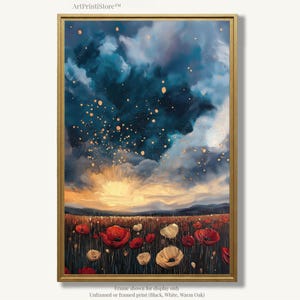 Poppy Field Oil Painting Print on Paper Dramatic Sky Wildflower Landscape Artwork Farmhouse Wall Art Decor