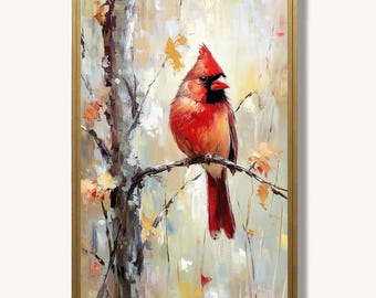 Cardinal Art Print Red Bird Oil Painting Woodland Nature Poster Fall Artwork Modern Farmhouse Wall Decor