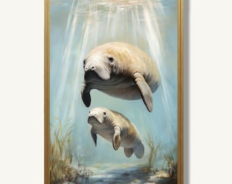 Florida Manatee Wall Art Print Wildlife Oil Painting Style Ocean Poster Marine Life Artwork for Coastal Decor