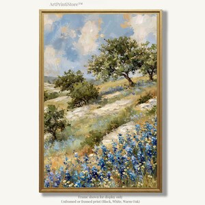 The image is a painting depicting a scenic landscape with a field of blue flowers, trees, and a blue sky with clouds.