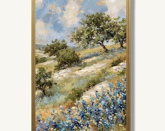 Texas Hill Country Bluebonnet Landscape Oil Painting Print on Paper Wildflower Artwork Farmhouse Wall Art Decor