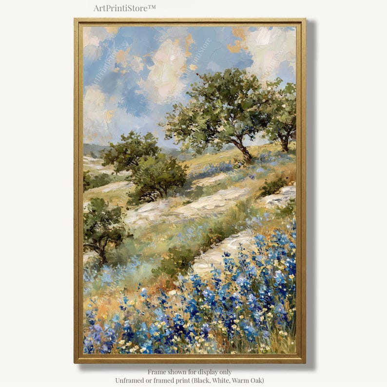 The image is a painting depicting a scenic landscape with a field of blue flowers, trees, and a blue sky with clouds.