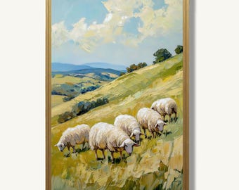 Sheep Wall Art Print Meadow Landscape Oil Painting Pastoral Countryside Hills Artwork Home Decor