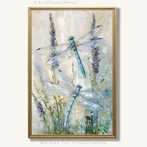 Dragonfly Art Print Botanical Nature Painting Neutral Oil Artwork Insect Lavender Poster Wildlife-Inspired Wall Decor