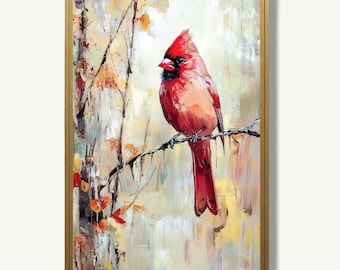 Cardinal Print Red Cardinal on Branch Oil Painting Style Rustic Wall Decor