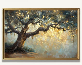 Southern Live Oak Tree Spanish Moss Art Print In Oil Painting Style Woodland Artwork For Wall Decor