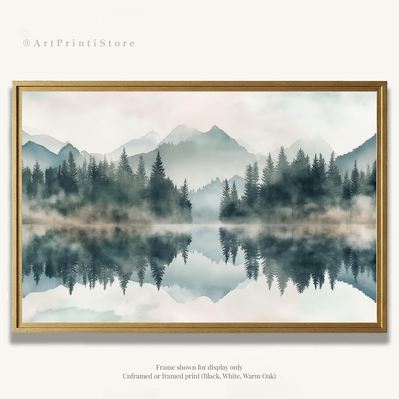 Rocky Mountains Art Print Misty Forest Lake Watercolor Painting Nature ...