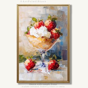 Strawberry Dessert Art Print Kitchen Oil Painting Modern Dining Artwork Fruit Food Poster Farmhouse Wall Decor