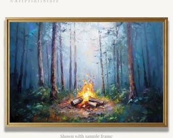 Forest Campfire Art Print Nature Landscape Painting Moonlit Wilderness Artwork Rustic Oil Poster Farmhouse Wall Decor