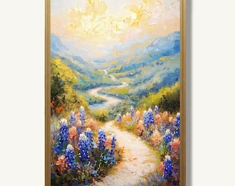 Texas Bluebonnet Art Print Wildflower Landscape Oil Painting Spring Flowers Poster Southwestern Nature Artwork Rustic Wall Decor
