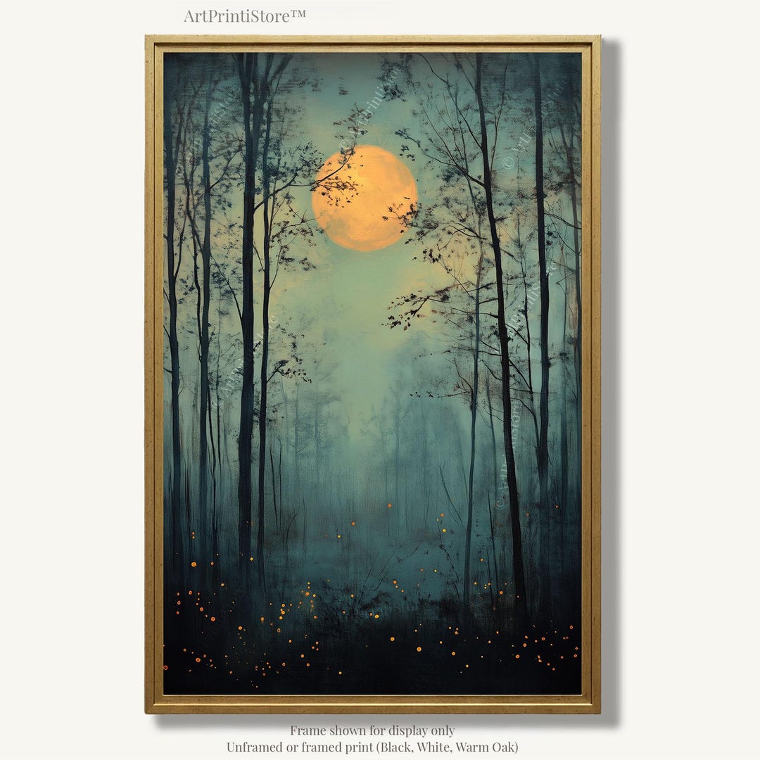 Enchanted Forest Wall Art Print Nature Oil Painting Style Full Moon ...