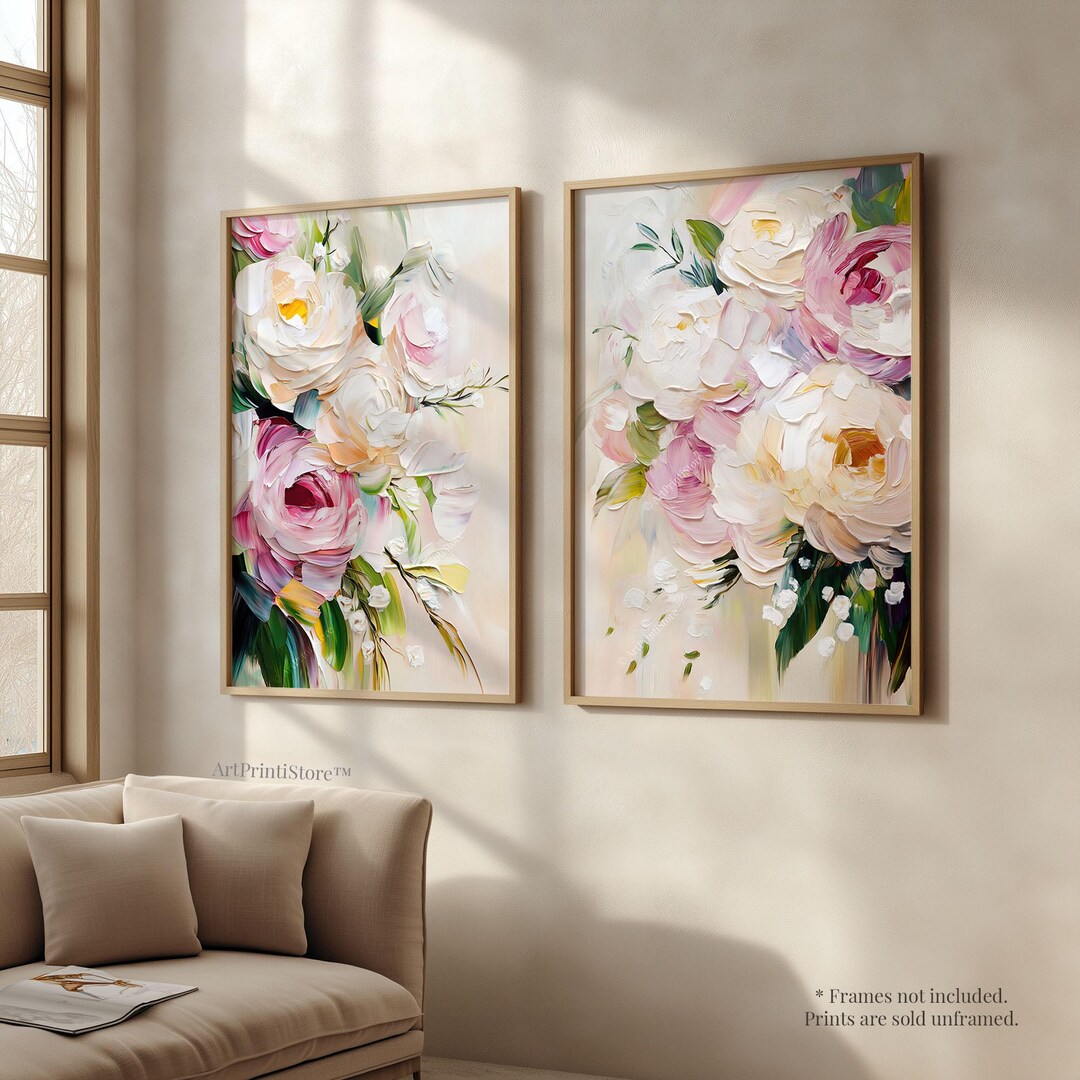Peony Set of 2 Art Print Pink Floral Oil Painting Modern Poster ...