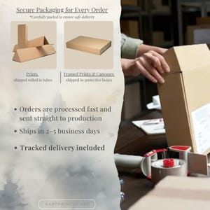 The image is a collage of two photos. The first photo shows a person's hands opening a cardboard box, while the second photo depicts a cardboard box being prepared for shipping.