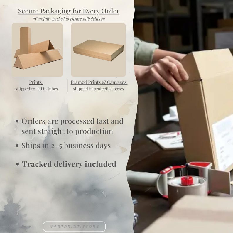The image is a collage of two photos. The first photo shows a person's hands opening a cardboard box, while the second photo depicts a cardboard box being prepared for shipping.