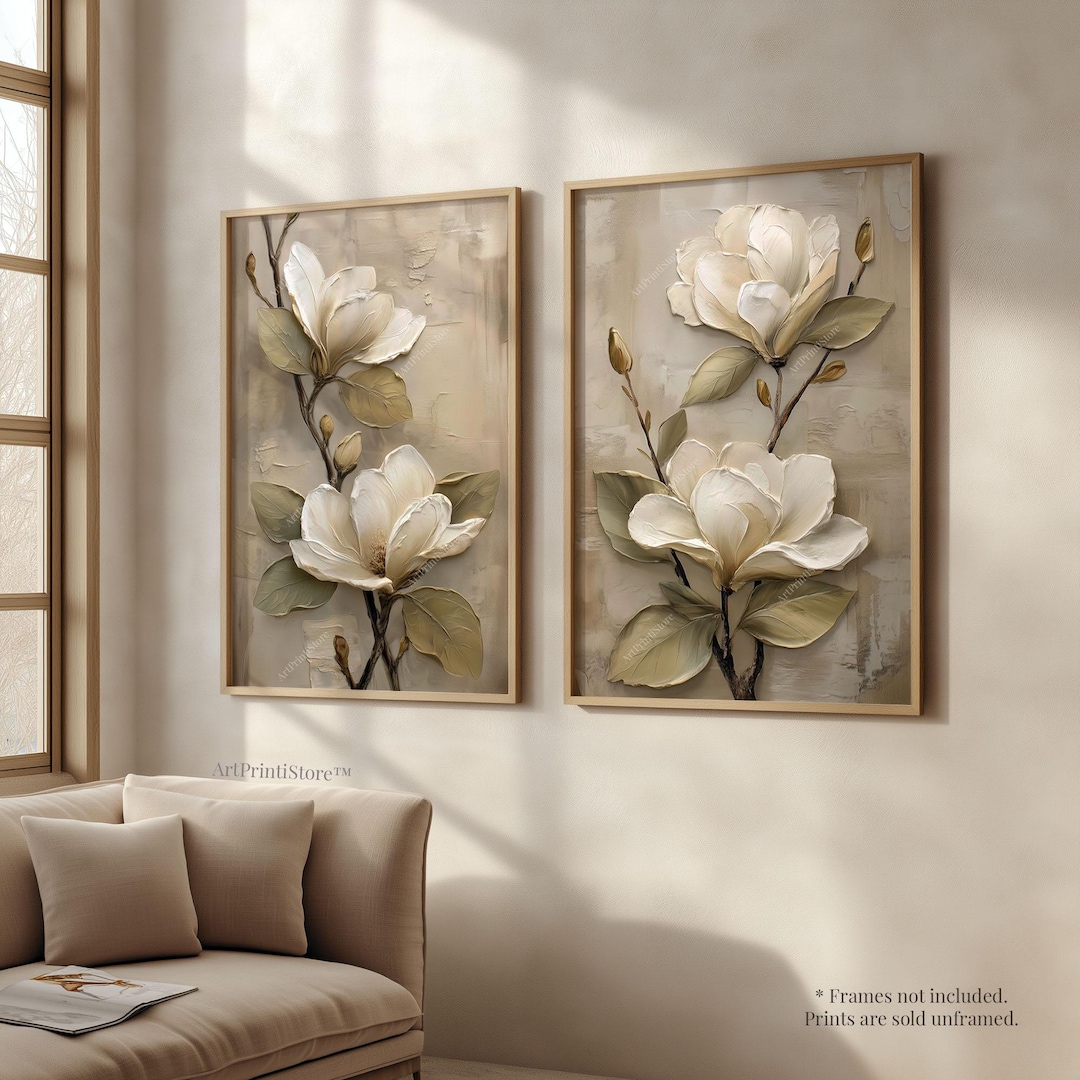 Magnolia Flower Set of 2 Wall Art Prints Botanical Floral Oil Painting ...