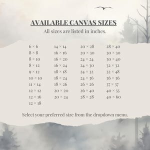 a list of available canvas sizes, with each size listed in inches. The text indicates that all sizes are listed in inches, and the user is encouraged to select their preferred size from the dropdown menu.