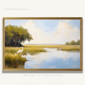 Coastal Marsh with Egret Art Print Wetland Oil Painting Bird Landscape Artwork Lowcountry Nature Poster Wildlife Wall Decor