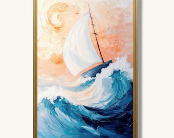 Sailboat Art Print Coastal Oil Painting Seascape Poster Ocean Artwork Nautical Wall Decor