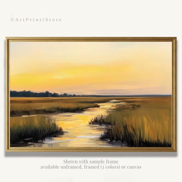 Marsh Landscape Wall Art Print Southern Sunset Oil Painting Style Charleston Wetland Poster Swamp Artwork for Coastal Decor