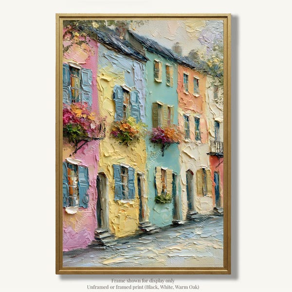European Village Houses Oil Painting Print on Paper Shuttered Windows Flower Boxes Artwork Cottagecore Wall Art Decor
